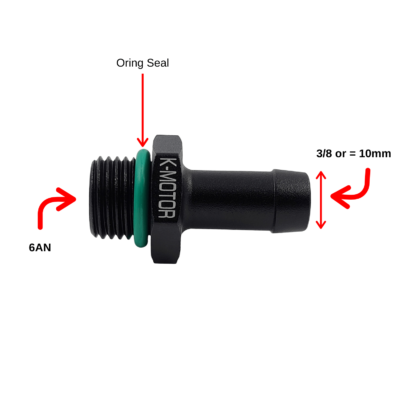6AN to 3/8 Barb Fitting Adapter - ORB Oring Seal AN6 9mm 10mm