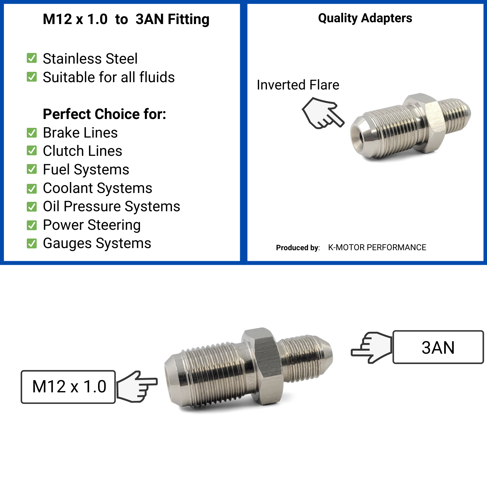 M12x1.0 to 3AN Fitting Adapter  Fuel, Oil, Brake Line Adapter Fittings